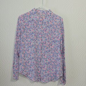 LILLY PULITZER sz L Sea View Linen Shirt Pink & Blue Floral Print
